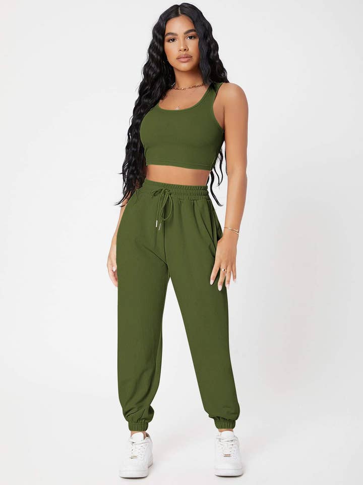 Fashion Combination – wholesale Lounge set – Women's – petite solid crop tank top and joggers set2