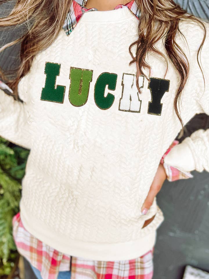 Suhkasana - Wholesale Sweatshirt - Women's - White LUCKY Chenille Embroidered Cable Knit Pullover Sweatshirt2