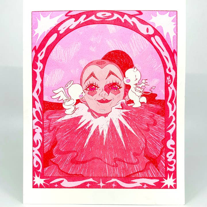 CLOWN KISS // RISOGRAPH PRINT for wholesale by Mo McMasters