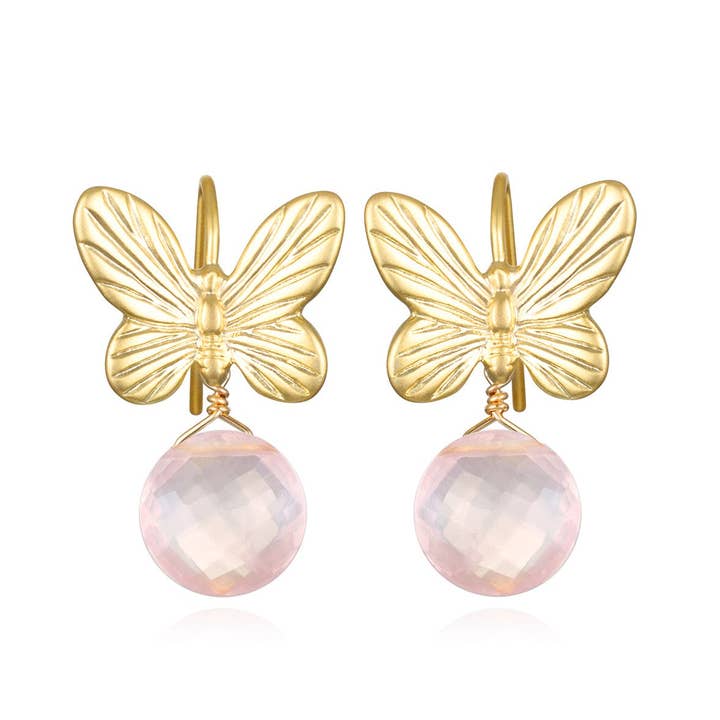 New! Rose Quartz Butterfly Dangles for wholesale by Amelia Rose Jewelry
