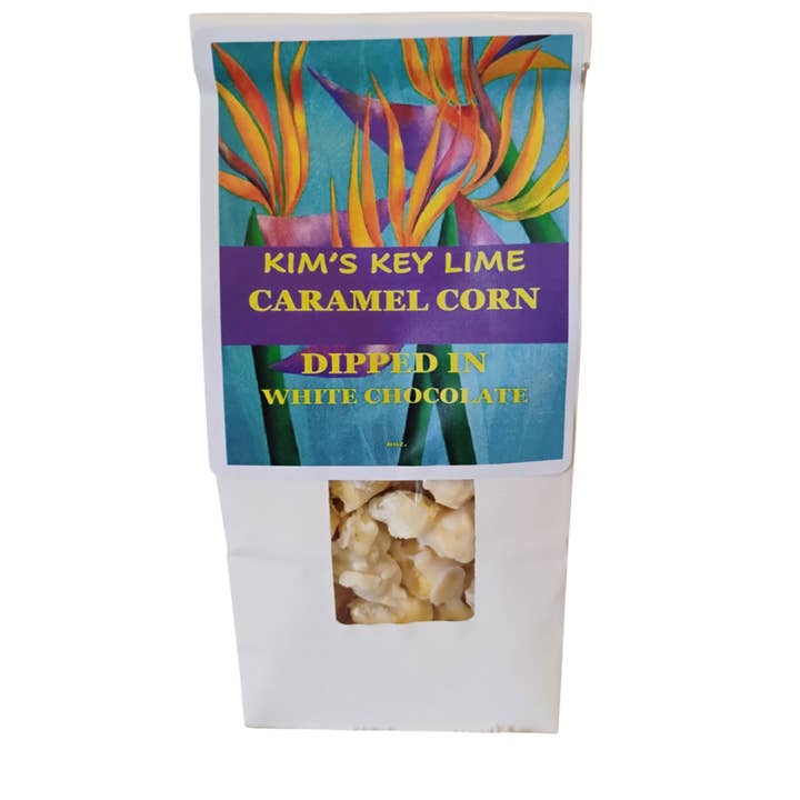Caramel Corn Dipped in Kim's Key Lime White Chocolate - 6oz. for wholesale by Kim's Key Lime Cookies, Inc.