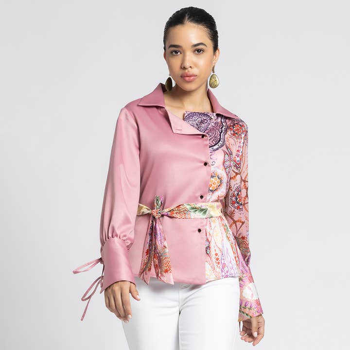 Sprid krage Rosa Paisley-tryckta festskjortor med bälte för wholesale av Benares