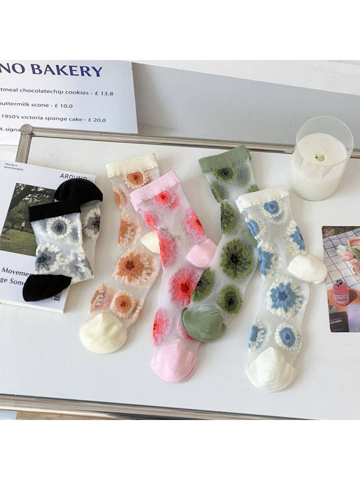 Rufia - Transparente Socken mit Blumenmotiv für den Großhandel von Funkyrel® Atzbranding Limited
