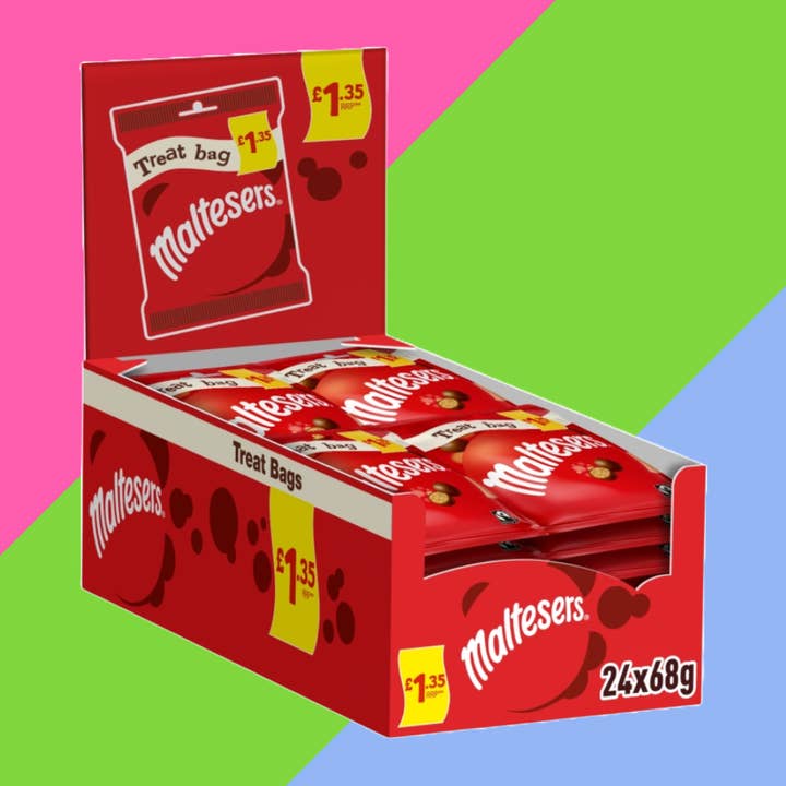Gaffney's Sweets & Treats Wholesale - Venta al por mayor Dulces con chocolate - Bolsa de golosinas Maltesers de chocolate con leche y trozos de panal £1.35 PMP 24x68g