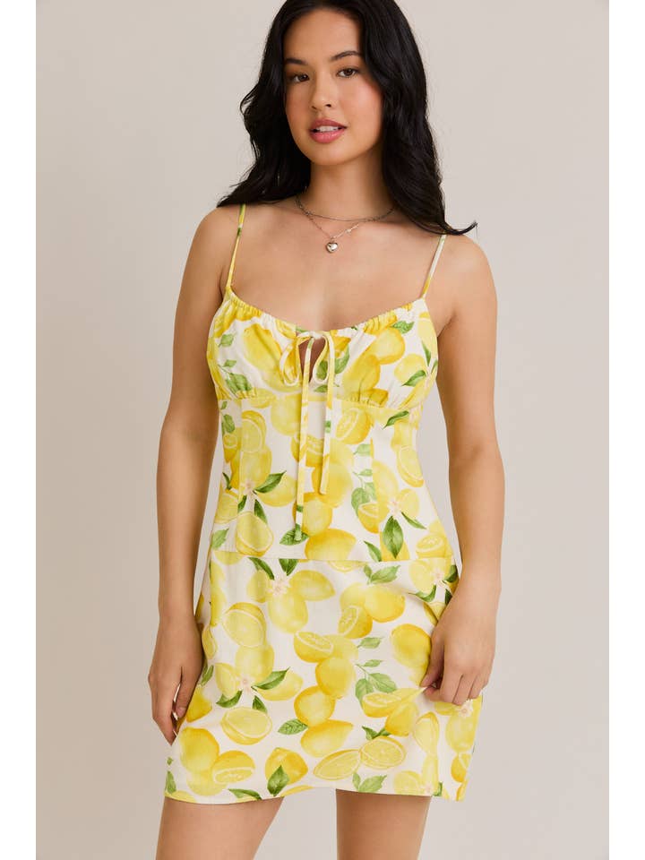 CREAM YELLOW SHIRRED NECK LOW WAIST DRESS for wholesale on Faire