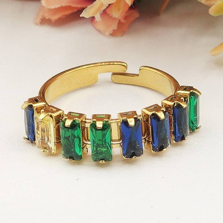 JULIANNE ~ Anillo ajustable de ACERO INOXIDABLE con CIRCONITA CÚBICA corte baguette para venta al por mayor de Daemon srls