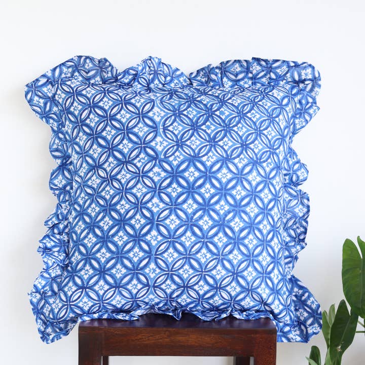 White & Blue Pillow Cover 20 X 20 in Block Printed Shams for wholesale by TerraWeaveHome