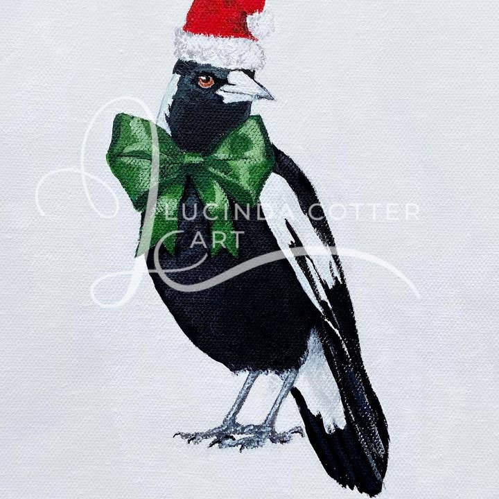 Lucinda Cotter Art - Wholesale Christmas card - Christmas Magpie with Green Bow Greeting Card2