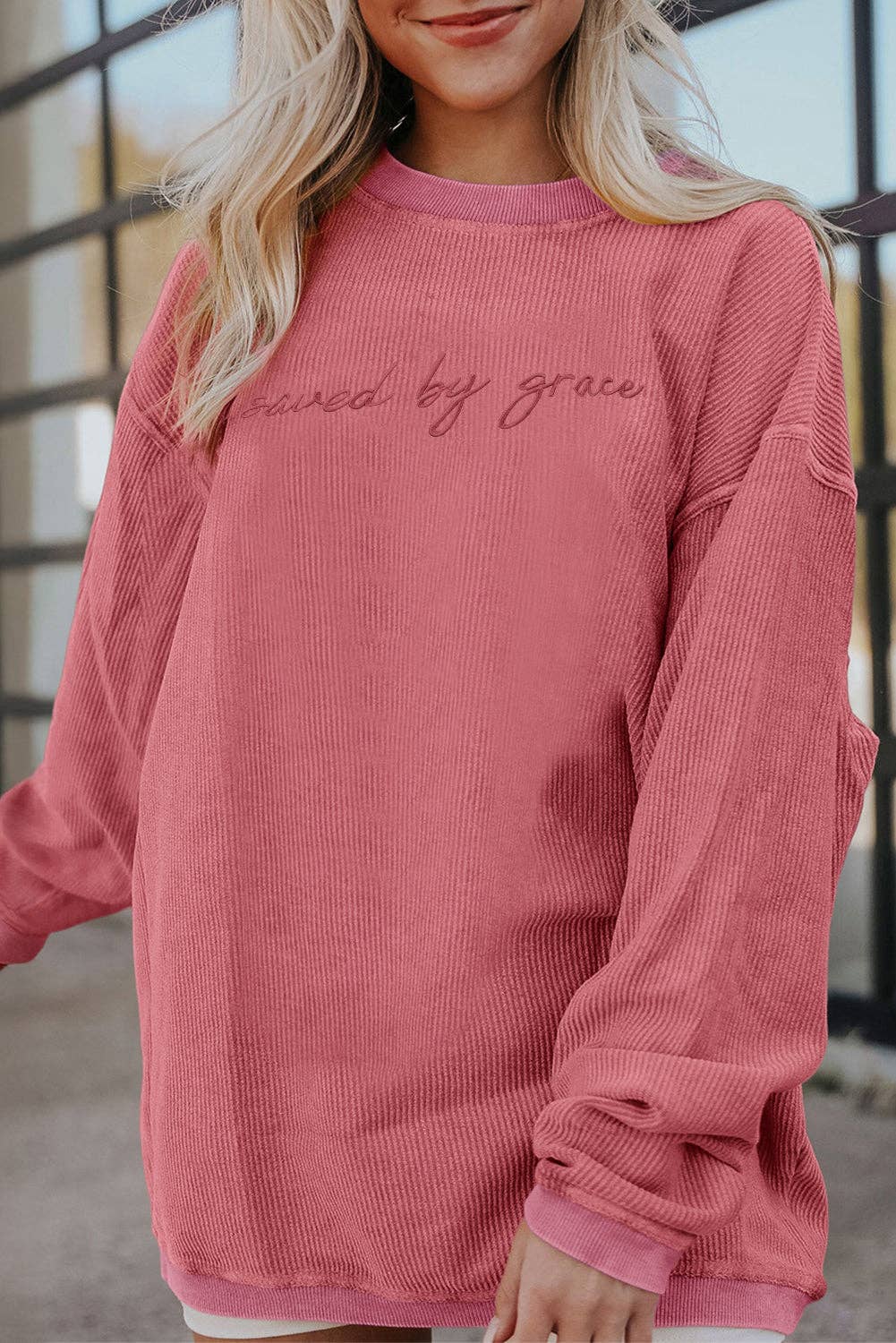 Suhkasana – wholesale Sweatshirt – Women's – Embroidered “saved by grace” Chunky Knit Crewneck Sweater4