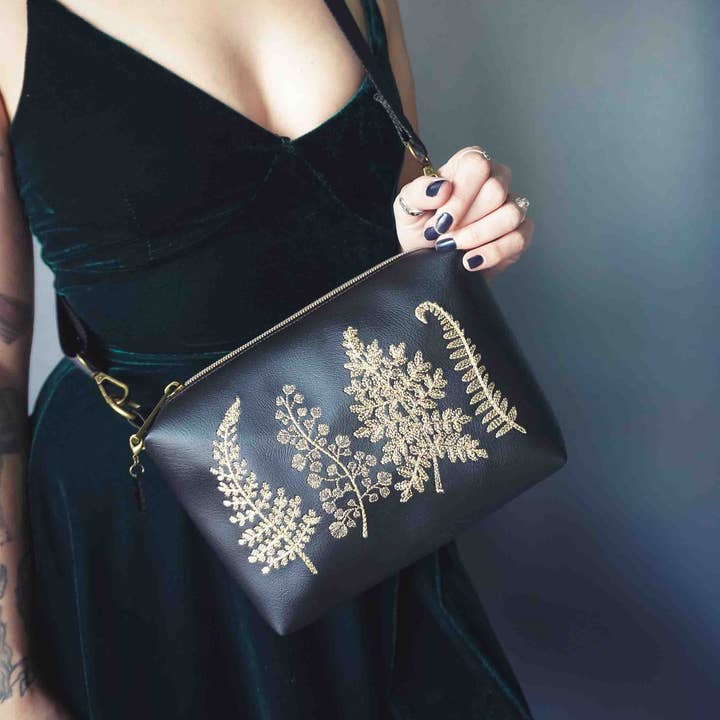 Black and Gold Forest Ferns Small Crossbody Bag Handmade for wholesale by Project Pinup