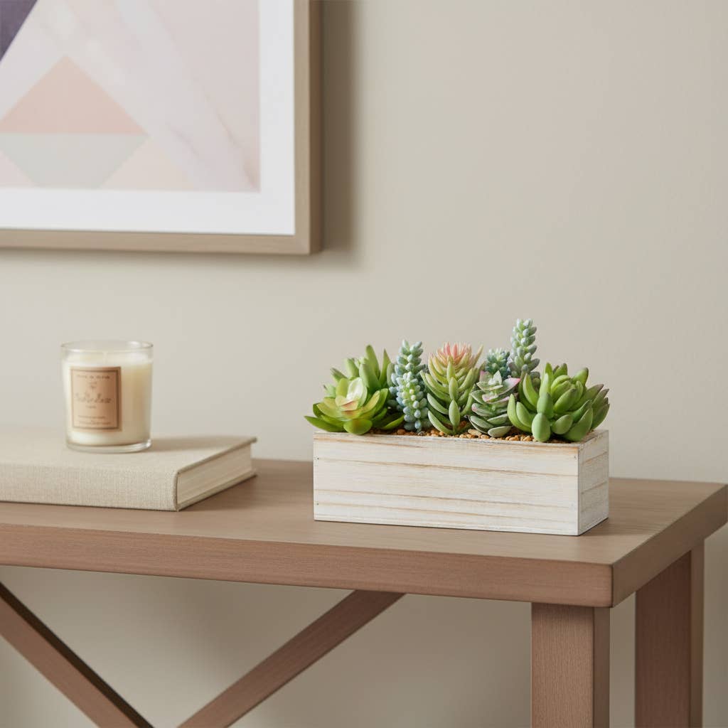 HomeRoots - Wholesale Artificial Plant - 8" Green And Pink Artificial Succulent Plant In Natural Wood Planter1