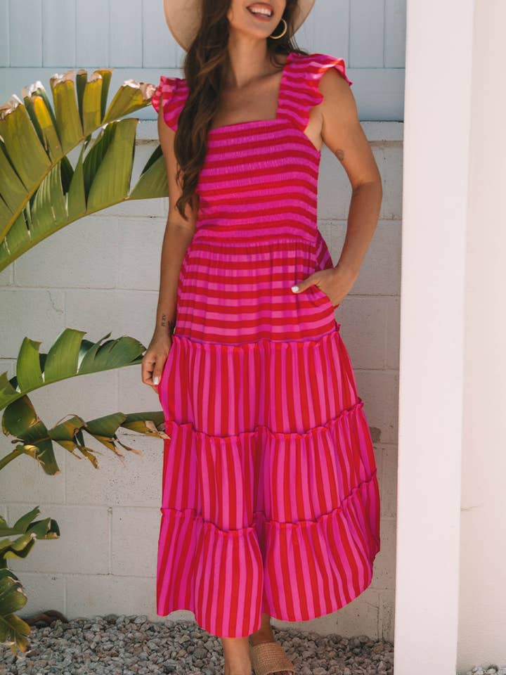 Stripe Flutter Sleeve Smocked Bodice Tiered Maxi Dress for wholesale by FULL TIME PURCHASE
