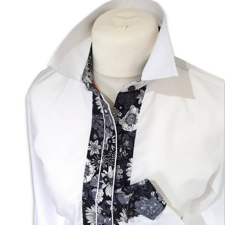 Salamander Shirts Ltd – Großhandel Hemd – Damen – Grenouille Weißes Hemd mit schwarz-weißen Blumendetails3
