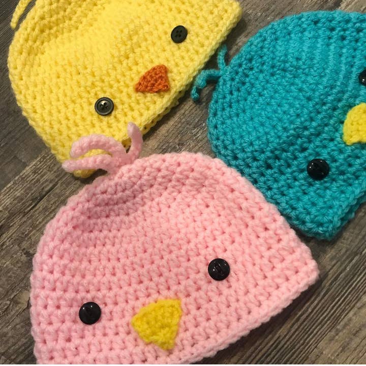 Handmade crochet Baby Chickadee Hat pink blue or yellow for wholesale by Rosemary's Baby MEK