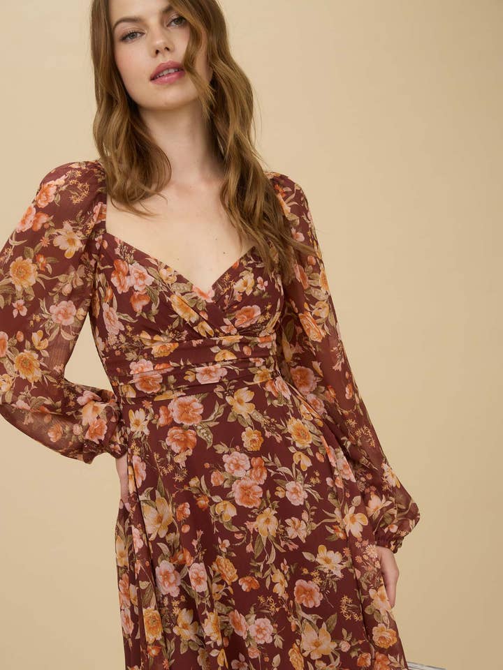 Blu Pepper - Wholesale Dress - Women's - FLORAL SWEETHEART LONG SLEEVE BACK TIE MINI DRESS0