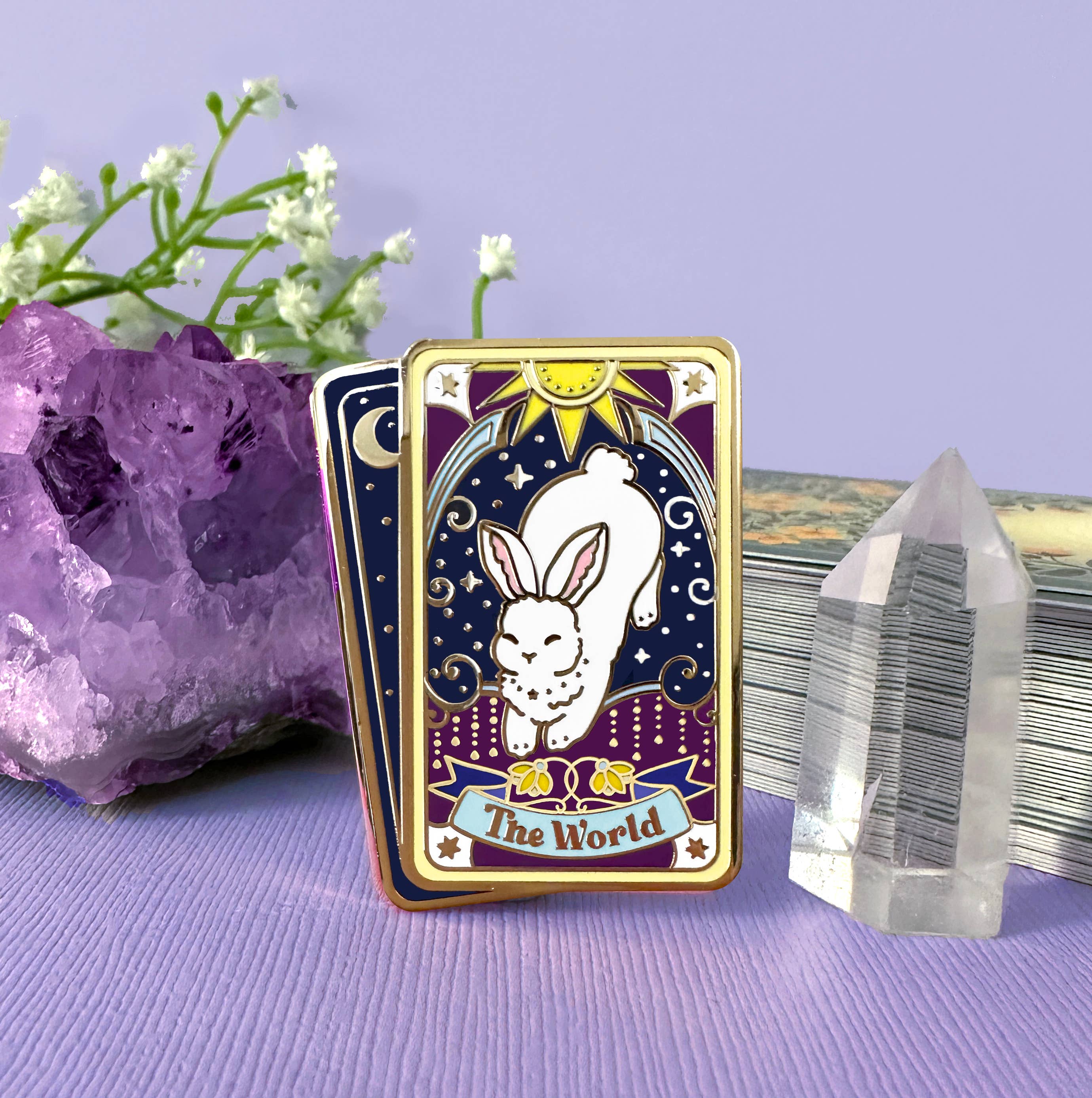 The Crowned Rabbit - Wholesale Lapel Pin/Button - Tarot Card Rabbit Enamel Pin. The World Tarot Card Pin