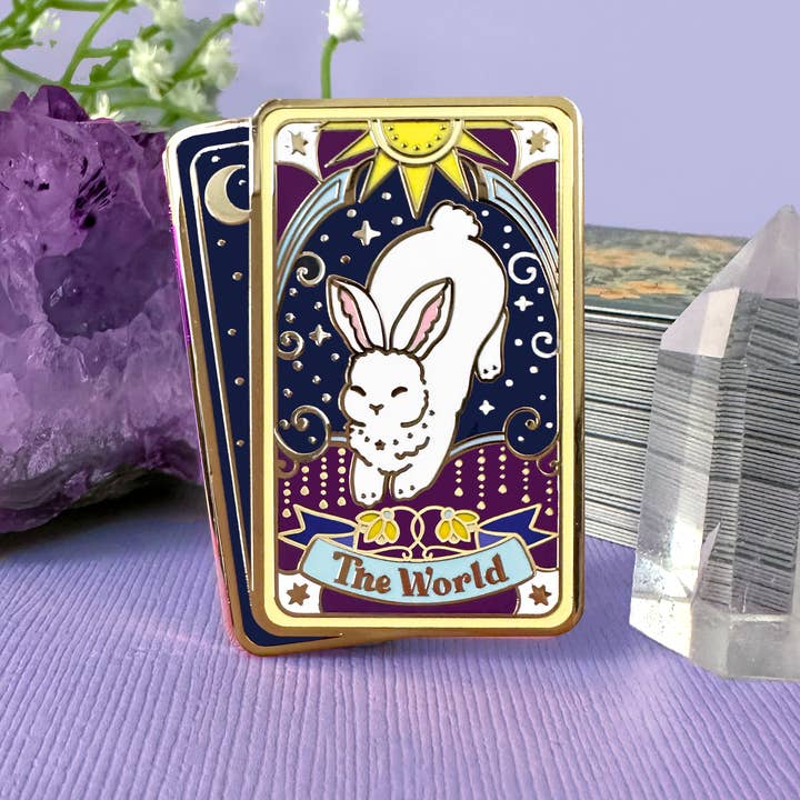The Crowned Rabbit - Wholesale Lapel Pin/Button - Tarot Card Rabbit Enamel Pin. The World Tarot Card Pin