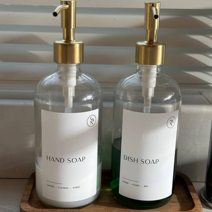 So At Nature - Wholesale Dish Soap - Luxury Clear Glass Bottle Set, Tray, Pot Brush and Ceramic Dish - Gold Metal Dispenser2