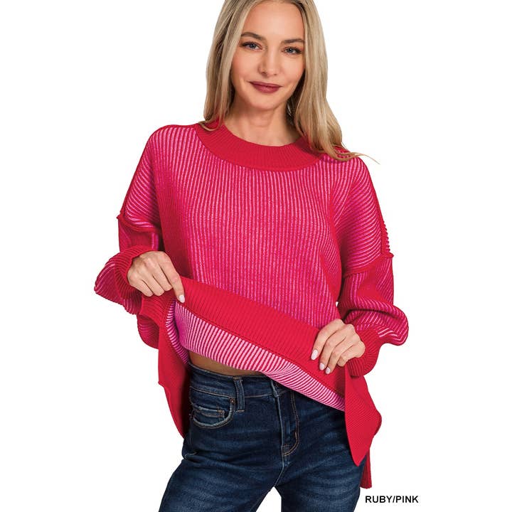 Style Up – wholesale Sweatshirt – Women's – EXPOSED SEAM TWO TONE SWEATER HI LOW SIDE SLITS22