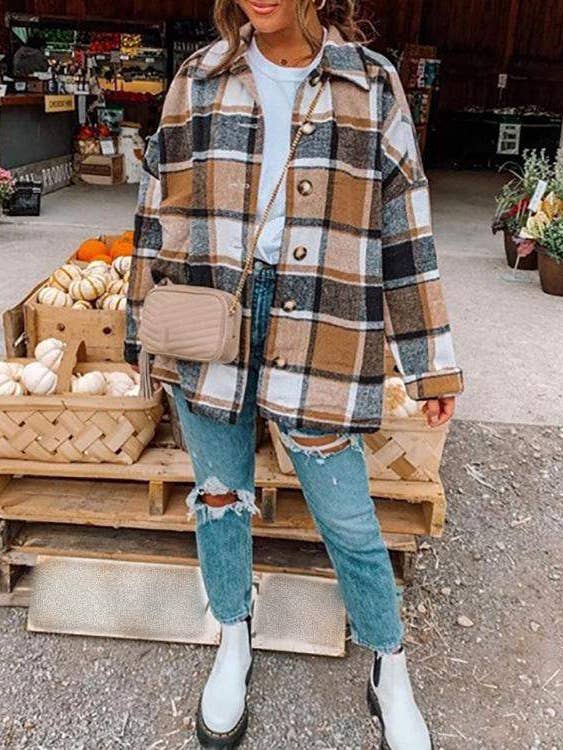 new plaid print buttoned long sleeve shacket for wholesale by Fashion Combination