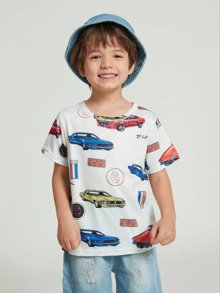White 2pcs Toddler Boy Car Print T-shirts and Ripped Denim Shorts for wholesale on Faire