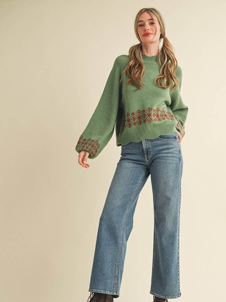 &MERCI - Wholesale Knit Sweater - Women's - SCALLOPED MOCK NECK SWEATER WITH EMBROIDERY MSW1101311