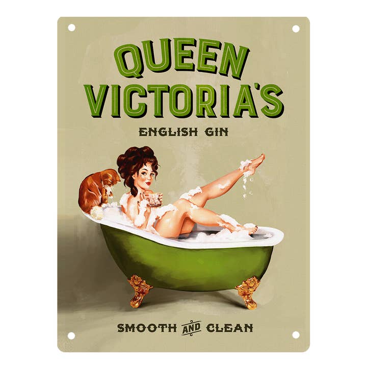 Mid State Signs - Wholesale Bathroom Sign - Queen Victoria's English Gin: Bathtub Cocktail Pinup & Cat