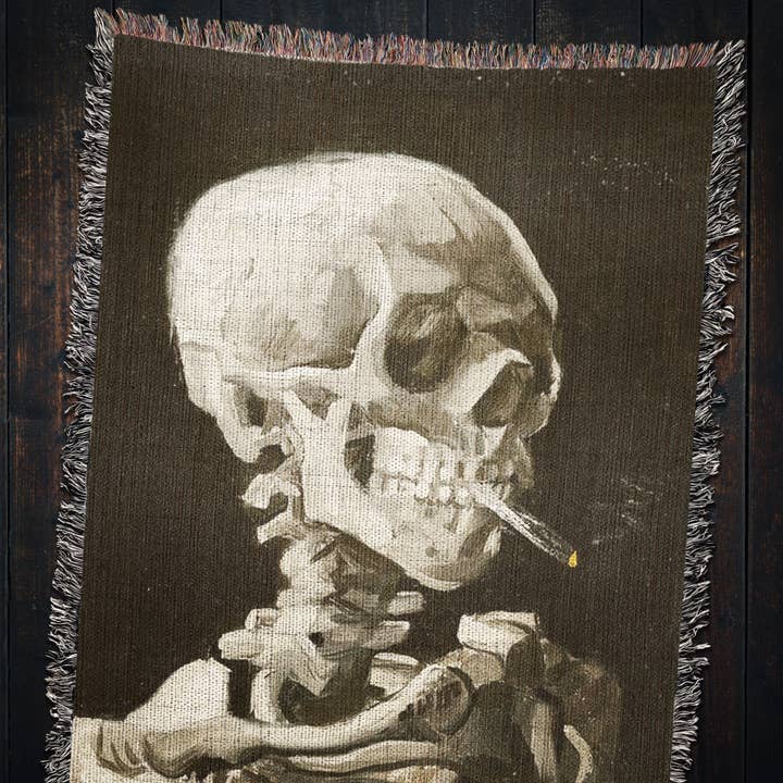 Killer Goods • Woven Blankets, Gifts, Home Decor - Wholesale Throw Blanket - Vintage Van Gogh Smoking Skeleton Woven Throw Blanket