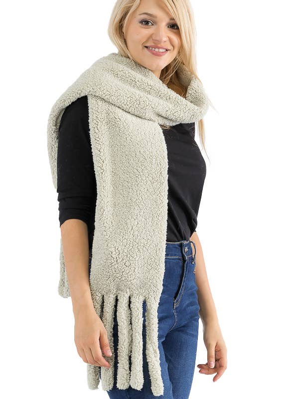 Teddy Sherpa Fur Tassel Trim Pocketed Oblong Scarf for wholesale by Cap Zone