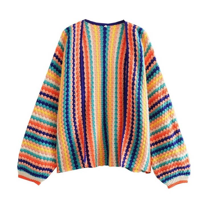 MULTICOLOR Color Block Crochet Rainbow Stripe Knit Cardigan for wholesale on Faire