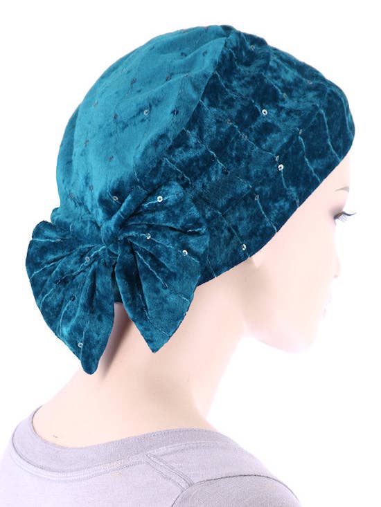 Vinter Cloche Bow Hat Teal Safir Paillet for engroshandel hos Turban Plus