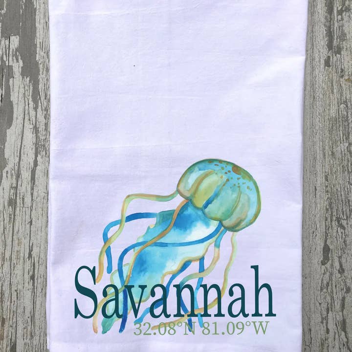 Custom "Your Town" Jellyfish 27x27 Kitchen Towel for wholesale by Blue Poppy Designs