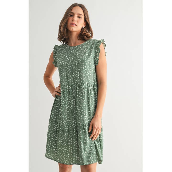 FUN2FUN - Wholesale Dress - Women's - DITSY FLORAL STRIPE TEXTURE RUFFLE MINI DRESS