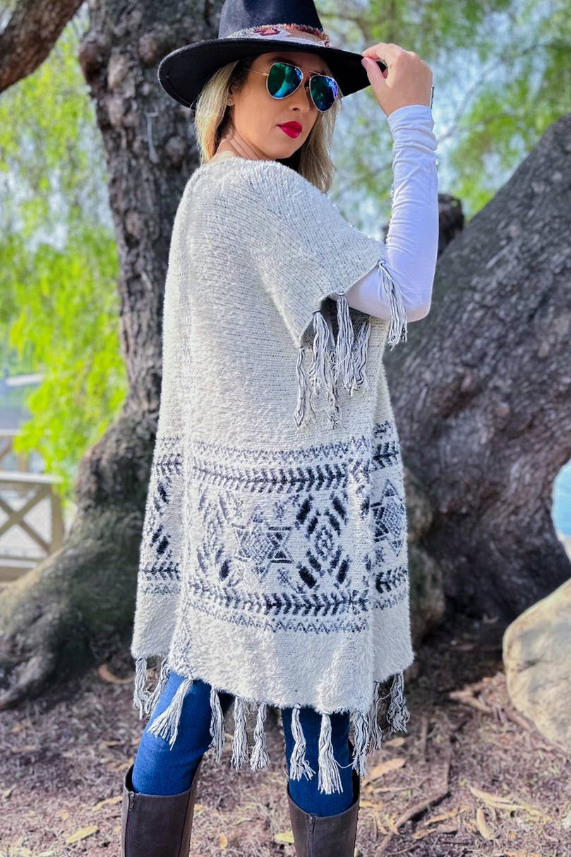 Ivory Aztec Western Tassel Trim Eyelash Knit Cardigan for wholesale on Faire6