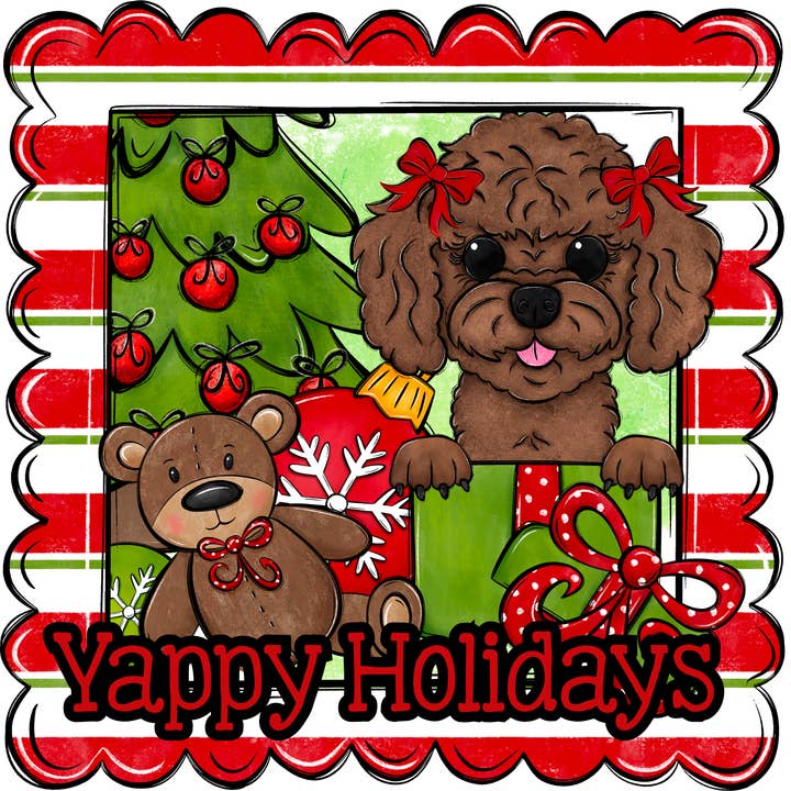 Poodle Wreath Sign, Yappy Holidays Dog Sign, 22" door hanger, DCO-W-00161-DH for wholesale by DecoExchange