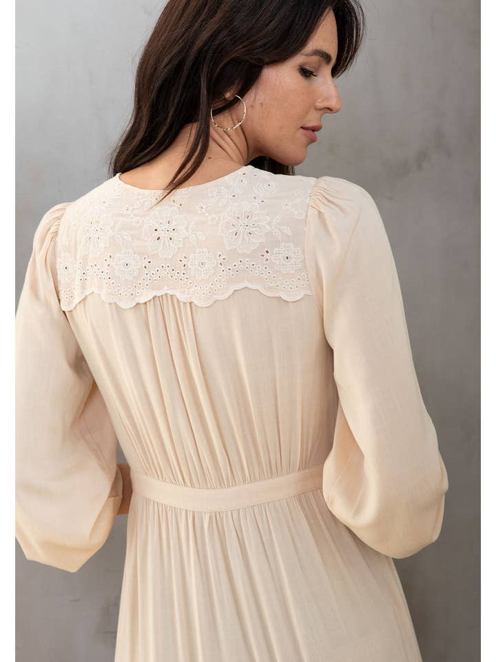 Natural Retro Boho Embroidered Ruffled Maxi Kimono Robe for wholesale on Faire