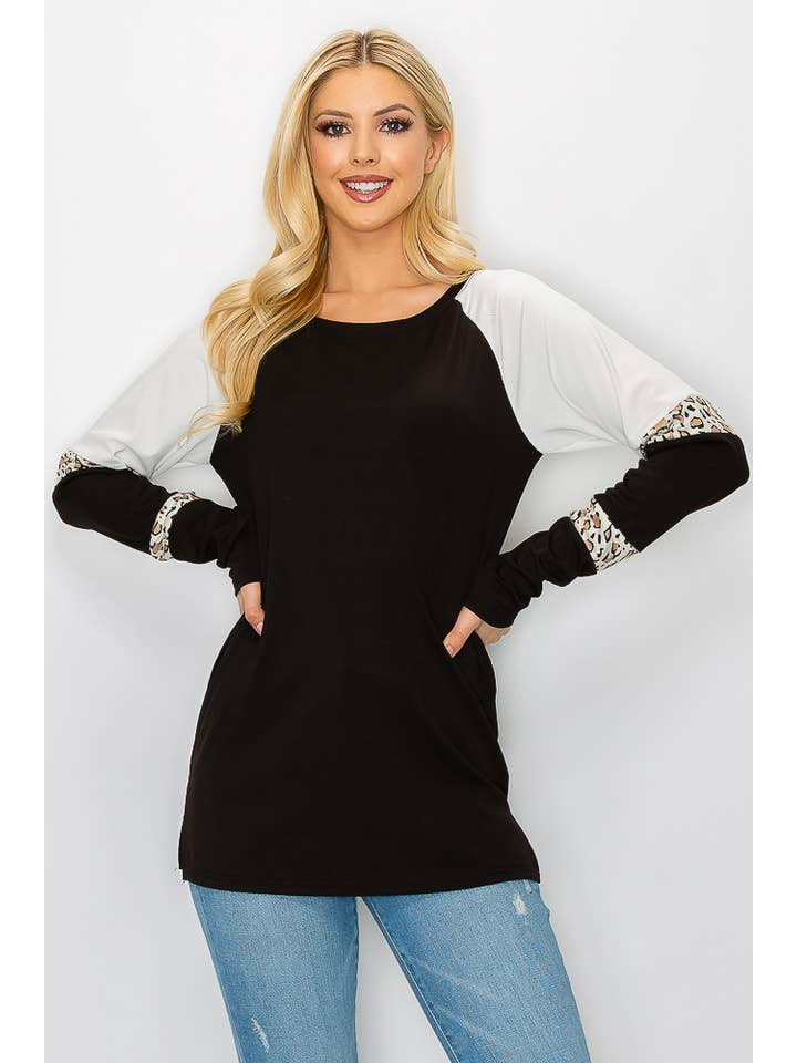 ePretty - Wholesale Tunic - Women's - G4-TP2153 Ribbed Leopard Color Block Long Sleeve Top20