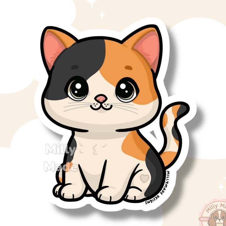 Adesivo Gatto Calico a Pelo Corto | Adesivo in Vinile Carino a Cartone Animato | Resistente | Per Laptop, Diari | Regalo per Amanti dei Gatti per la vendita all'ingrosso da parte di Milly Made Designs