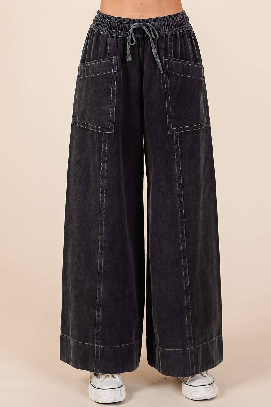 mittoshop - Wholesale Pants - Women's - MINERAL WASH WIDE LEG ELASTIC WAIST TWILL PANTS22