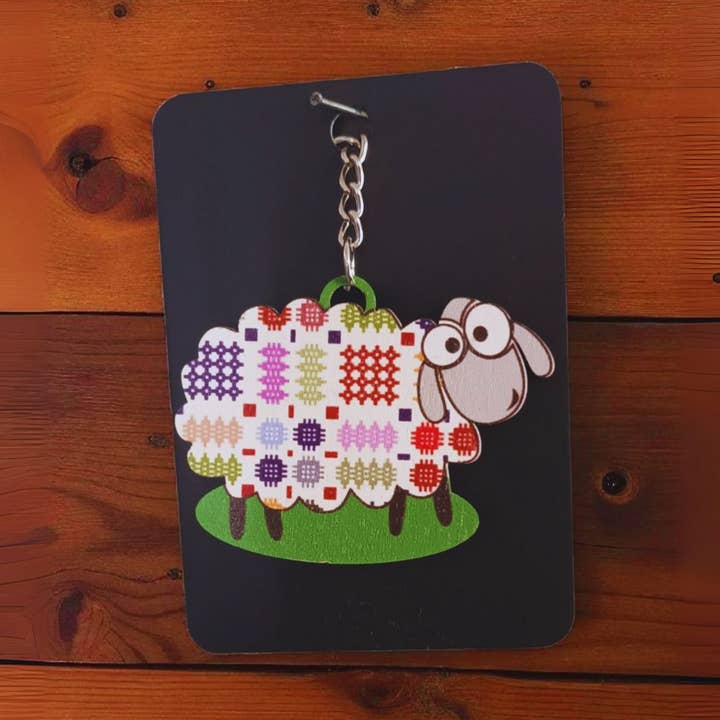 Rainbow Welsh tapestry Wooden sheep key chain for wholesale by Moose & Co