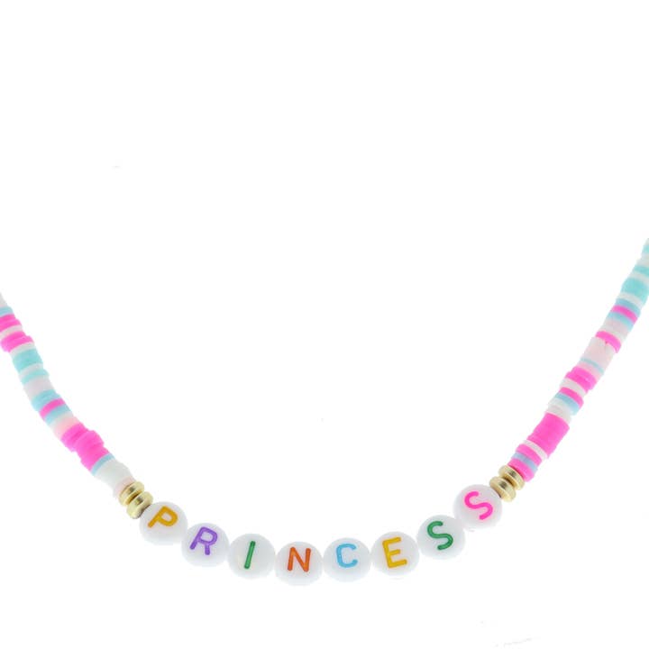 Kids "PRINCESS" Beads on Multi Rubber Sequin Necklace for wholesale by Jane Marie