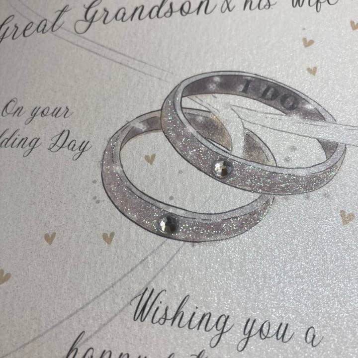 White Cotton Cards - Wholesale Wedding Card - 6 X Great Grandson & Wife On Wedding Day - Rings (D370)