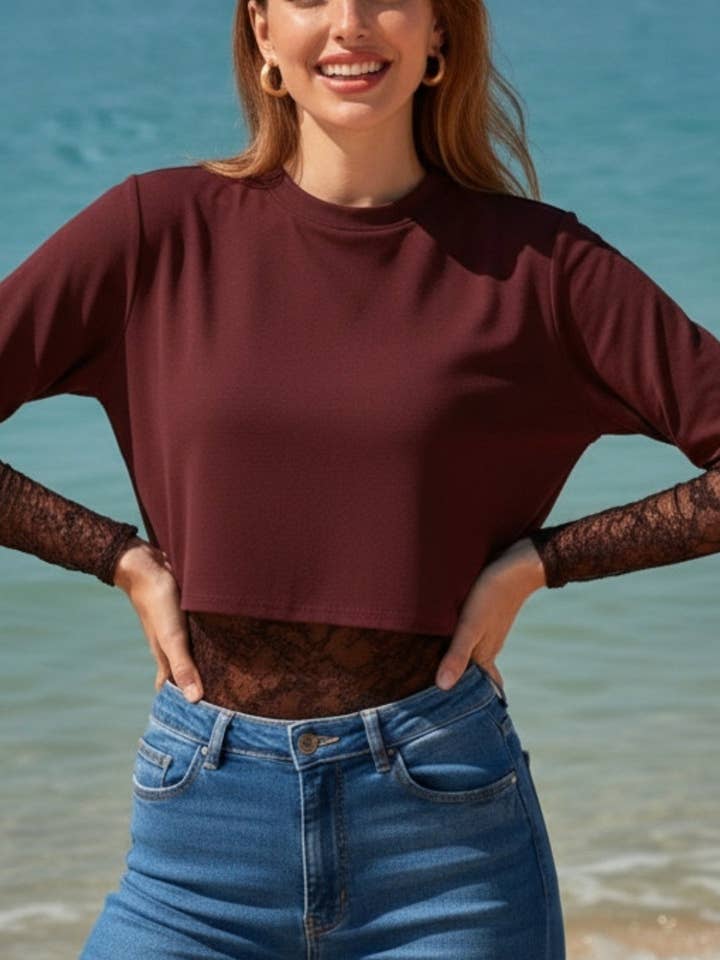 T1724-SD-Greta Cotton Lace Mix Bodysuit for wholesale by Nylon Apparel