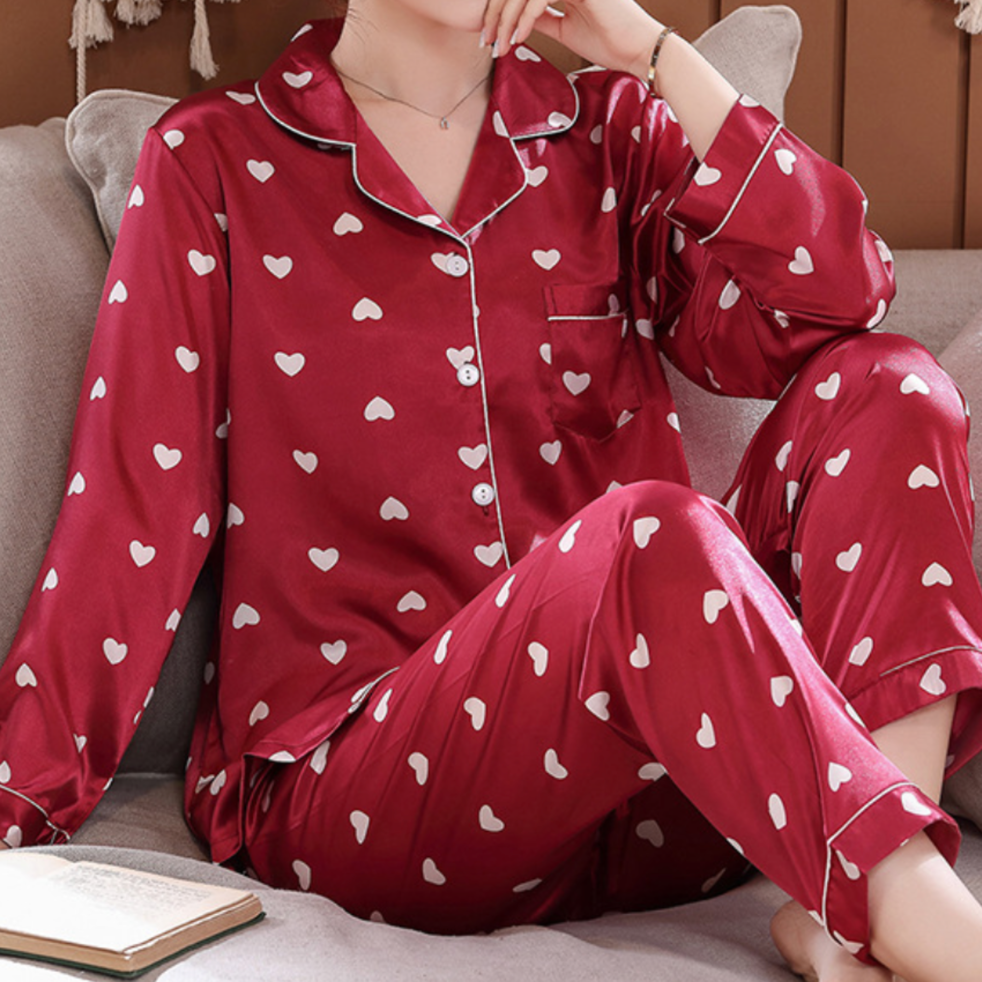 DrifWoo - Wholesale Sleepwear Set - Women's - Romantic Red Heart Satin Pajamas Women Set Gift for Her4