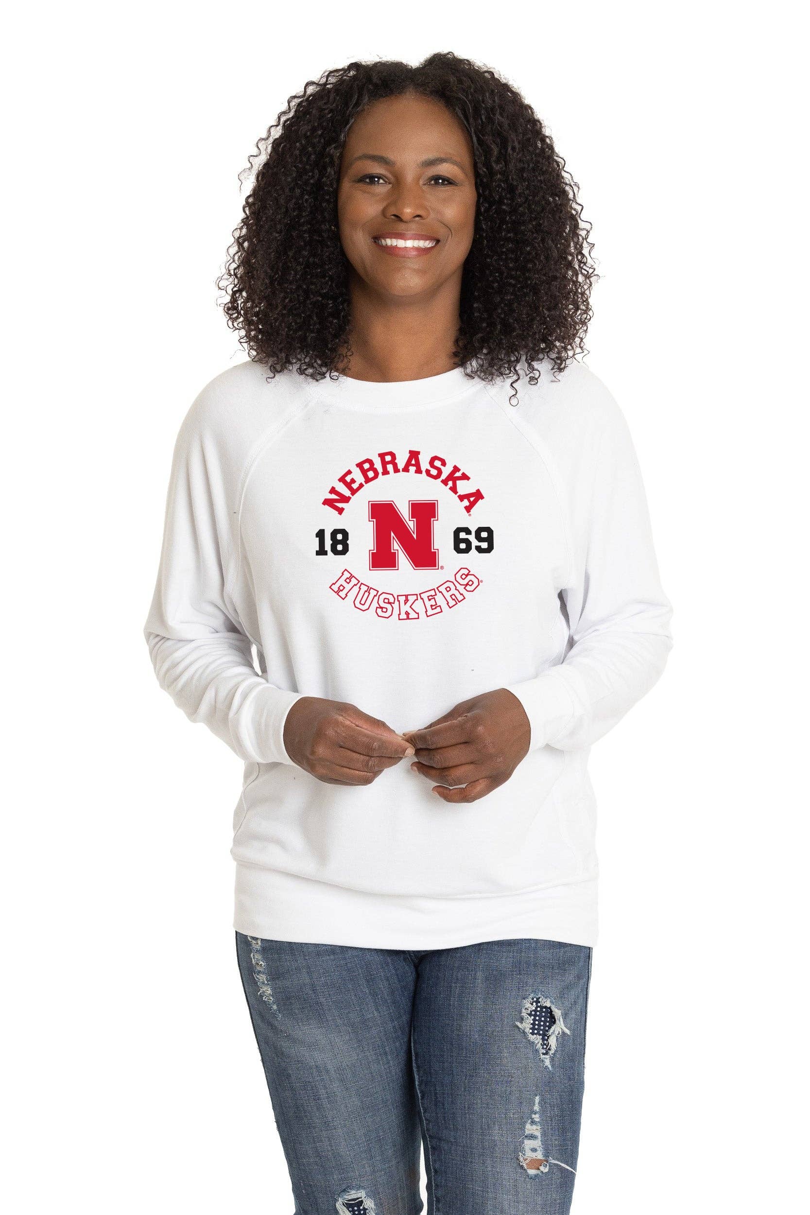 Flying Colors Apparel - Wholesale Screen Printed T-Shirt - Women's - Nebraska Huskers Long Sleeve Rylee Raglan Top | Gameday Top1