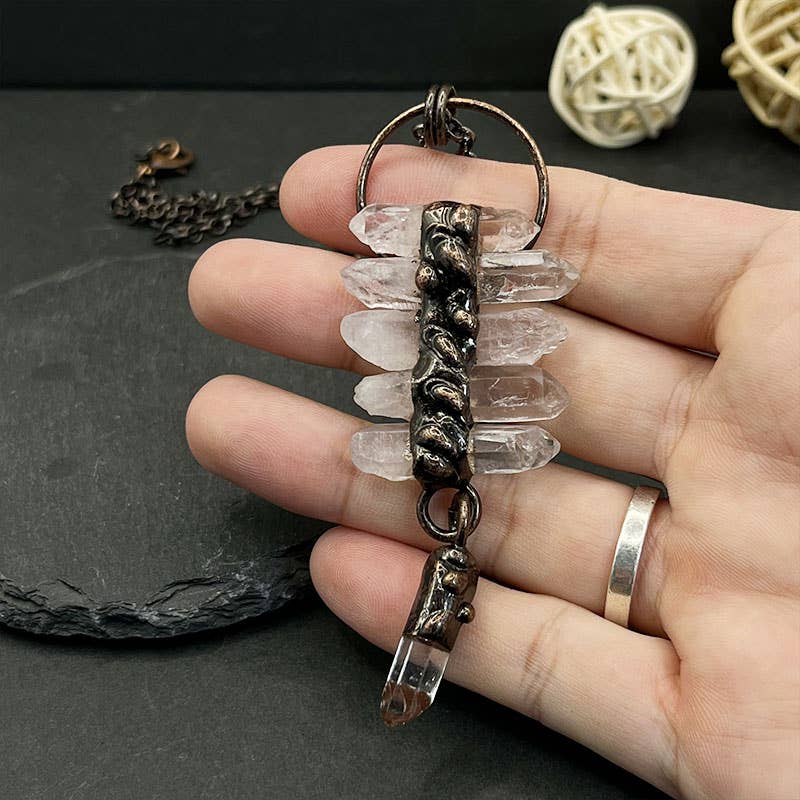 GemMeet – wholesale Pendant/charm necklace – Irregular Clear Quartz Six-Piece Tassel Gemstone Necklace2