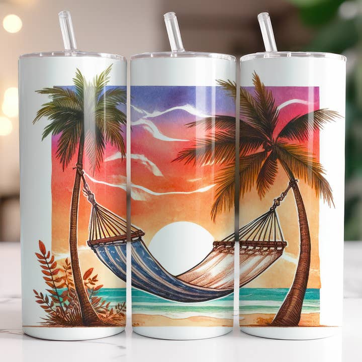 Beachy Tropical Sunset Hammock Tumbler for wholesale by FloBama Girls Wholesale
