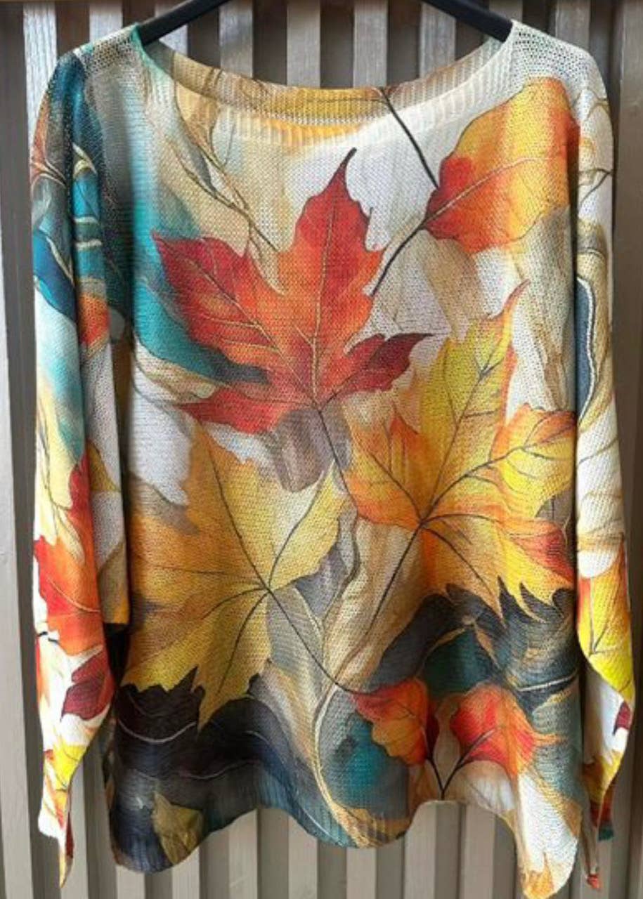 LOOWIE - Wholesale Knit Sweater - Women's - VIFAL Cream Fall Leaves Round Neck Knit Printed Sweater