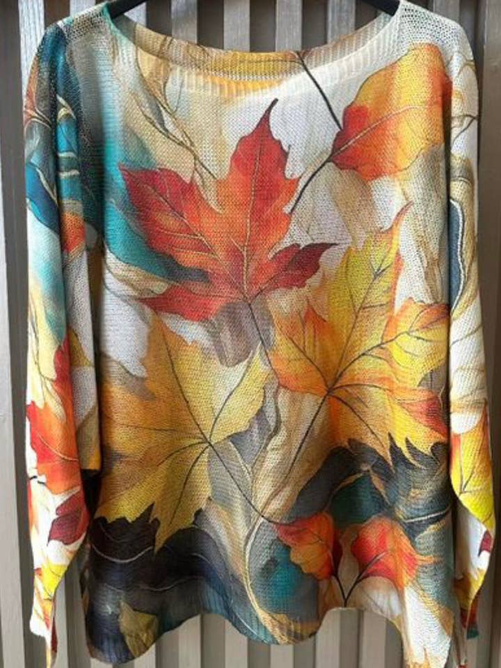 LOOWIE - Wholesale Knit Sweater - Women's - VIFAL Cream Fall Leaves Round Neck Knit Printed Sweater 0