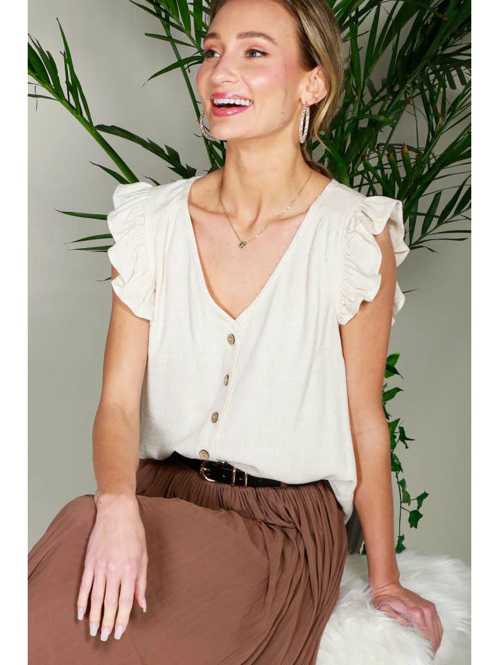 Vine & Love - Wholesale Blouse - Women's - V-Neck Sleeveless Ruffled Cotton Linen Top VT8168826